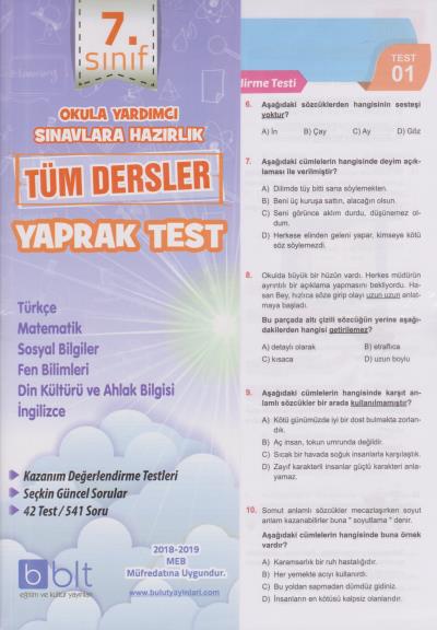 Bulut Eğitim 7. Sınıf Tüm Dersler Yaprak Test